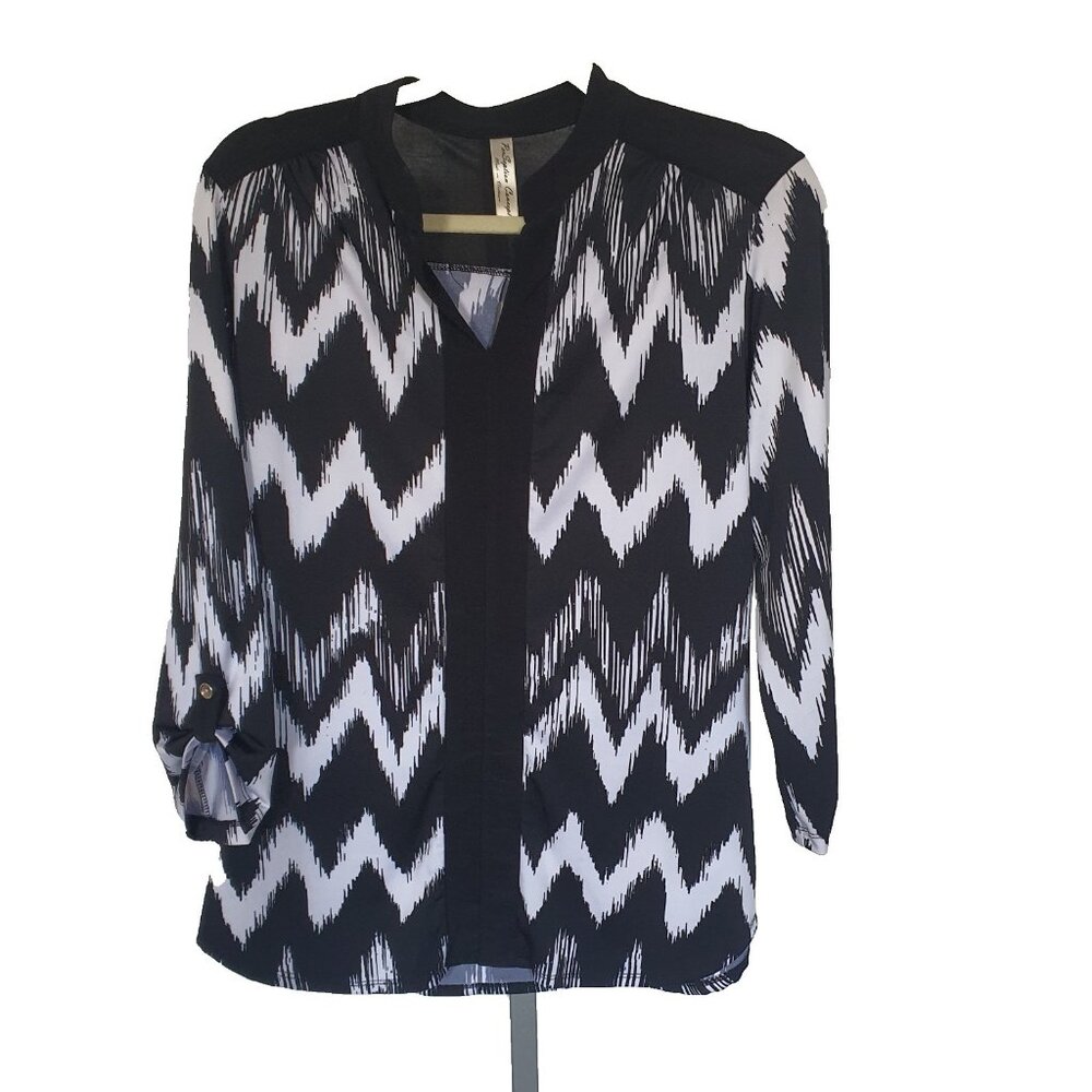PerSeption Concept Blouse Sz M Chevron Black White Top Work Casual Pullover‎